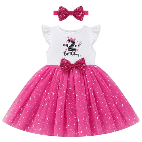 FYMNSI Baby Mädchen 2. Zweiter Geburtstag Outfit Partykleid Ich Bin Zwei Jahre Alt Kleid Kleinkinder Prinzessin Tütü Tüllkleid mit Stirnband Sommerkleid Taufkleid Festkleid Fotoshooting Rose 2 Jahre von FYMNSI