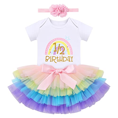 FYMNSI Baby Mädchen Boho Regenbogen 1/2. Geburtstag Outfit Baumowlle Kurzarm Strampler Body Tütü Tüll Rock Blumen Stirnband Halber Geburtstag Party Fotoshooting Bekleidungsset Regenbogen 6 Monate von FYMNSI