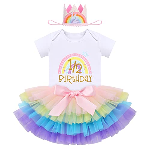 FYMNSI Baby Mädchen Boho Regenbogen 1/2. Geburtstag Outfit Baumowlle Kurzarm Strampler Body Tütü Tüll Rock Hut Stirnband Halber Geburtstag Party Fotoshooting Bekleidungsset Regenbogen 6 Monate von FYMNSI