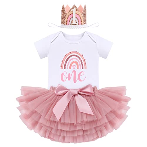 FYMNSI Baby Mädchen Boho Regenbogen 1. Geburtstag Outfit Baumowlle Kurzarm Strampler Body Tütü Tüll Rock Mini Krone Hut Erster Geburtstag 1 Jahr Alt Party Fotoshooting Bekleidungsset Dunkelrosa von FYMNSI