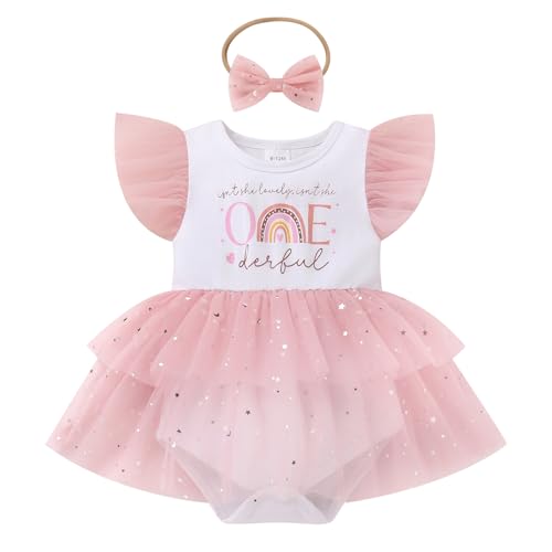 FYMNSI Baby Mädchen Boho Regenbogen 1. Geburtstag Outfit Baumowlle Kurzarm Strampler Bodykleid Tütü Tüll Rock Stirnband Set 1 Jahr Alt Partykleid Fotoshooting Bekleidungsset Sommer Dunkelrosa 9-12M von FYMNSI