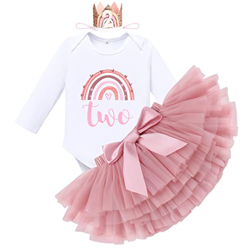 FYMNSI Baby Mädchen Boho Regenbogen Zweiter 2. Geburtstag Outfit Baumowlle Langarm Strampler Body Tütü Tüll Rock Mini Krone Hut 2 Jahre Alt Party Fotoshooting Herbst Bekleidung Dunkelrosa Langarm Two von FYMNSI