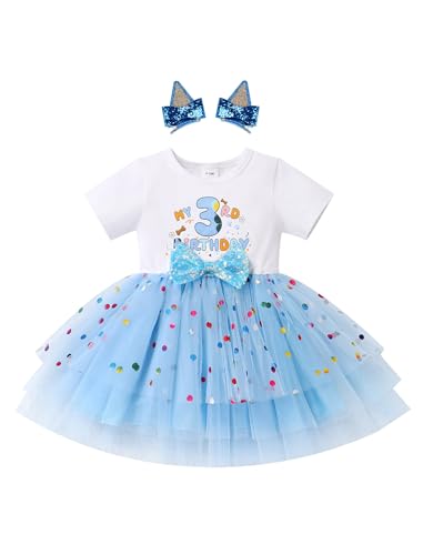 FYMNSI Baby Mädchen Dritter 3. Geburtstag Blue Gepunktet Tütü Partykleid Kleinkinder 3 Jahre Outfit Kurzarm Prinzessin Blumen Tüllrock Taufkleid Festkleid Sommerkleid Fotoshooting Blau 3 Jahre von FYMNSI