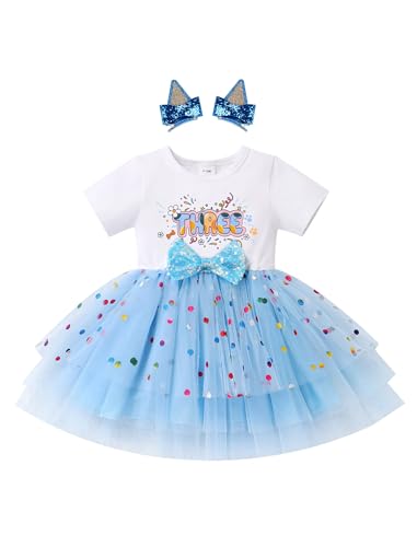 FYMNSI Baby Mädchen Dritter 3. Geburtstag Blue Gepunktet Tütü Partykleid Kleinkinder 3 Jahre Outfit Kurzarm Prinzessin Blumen Tüllrock Taufkleid Festkleid Sommerkleid Fotoshooting Blau - Three 3 Jahre von FYMNSI