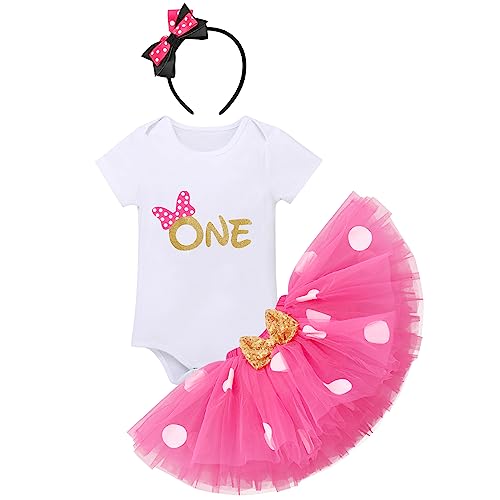 FYMNSI Baby Mädchen Mein 1. Geburtstag Outfit Baumwolle Kurzarm Body Strampler Prinzessin Gepunktet Tütü Tüll Rock Stirnband 3tlg 1 Jahr Alt Party Bekleidungsset Party Kostüm Rose One 1 Jahr von FYMNSI