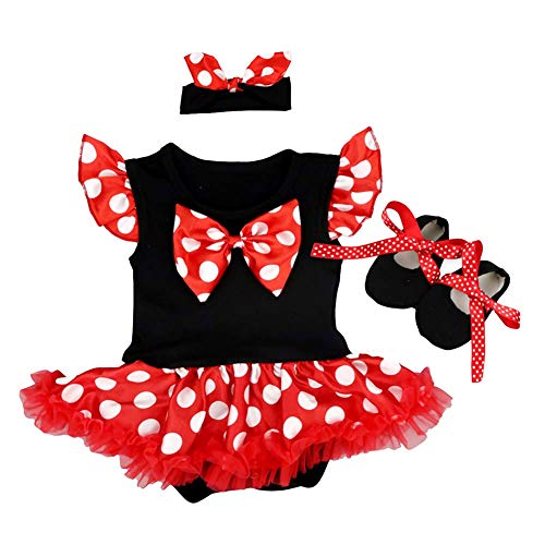 FYMNSI Baby Mädchen Erste Halloween Outfit Mouse Kostüm Vintage Gepunktet Prinzessin Tütü Body Kleid + Schleife Stirnband + Schuhe 3tlg Party Weihnachten Geburtstag Bekleidungsset Rot 6-12 Monate von FYMNSI