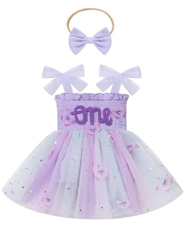 FYMNSI Baby Mädchen Erster 1. Geburtstag Outfit Kleinkind Schmetterling Prinzessin 1 Jahr Partykleid Tütü Tüll Bodykleid Strampler mit Stirnband Fotoshooting Taufe Festkleid Sommer Lila 9-12 Monate von FYMNSI