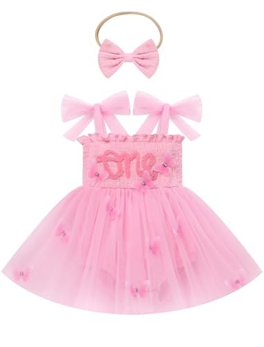 FYMNSI Baby Mädchen Erster 1. Geburtstag Outfit Kleinkind Schmetterling Prinzessin 1 Jahr Partykleid Tütü Tüll Bodykleid Strampler mit Stirnband Fotoshooting Taufe Festkleid Sommer Rosa 9-12 Monate von FYMNSI