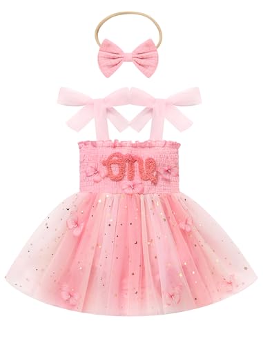 FYMNSI Baby Mädchen Erster 1. Geburtstag Outfit Kleinkind Schmetterling Prinzessin 1 Jahr Partykleid Tütü Tüll Bodykleid Strampler mit Stirnband Fotoshooting Taufe Festkleid Sommer Rosa Bunt 9-12M von FYMNSI