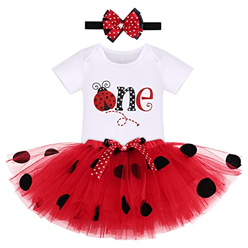 FYMNSI Baby Mädchen Erster 1. Geburtstag Outfit Marienkäfer Kostüme Baumwolle Kurzarm Strampler Body Prinzessin Tütü Tüll Rock Schleife Stirnband 3tlg Bekleidungsset Rot - One 1 Jahr von FYMNSI