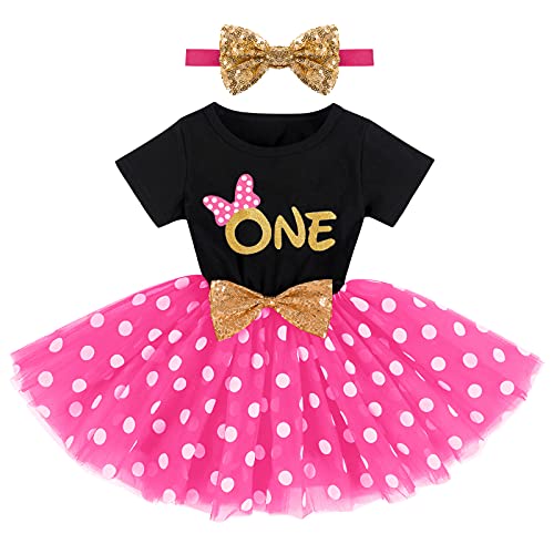 FYMNSI Baby Mädchen Erster Mein 1. Geburtstag Partykleid Baumwolle Kurzarm Gepunktet Tutu Tüllkleid mit Pailletten Stirnband Prinzessin 1 Jahr Fotoshooting Kostüm Sommerkleid Schwarz + Rose - One von FYMNSI