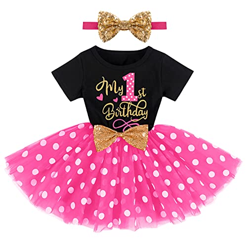 FYMNSI Baby Mädchen Erster Mein 1. Geburtstag Partykleid Baumwolle Kurzarm Gepunktet Tutu Tüllkleid mit Pailletten Stirnband Prinzessin 1 Jahr Fotoshooting Kostüm Sommerkleid Schwarz + Rose von FYMNSI