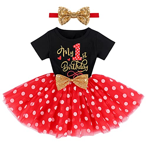 FYMNSI Baby Mädchen Erster Mein 1. Geburtstag Partykleid Baumwolle Kurzarm Gepunktet Tutu Tüllkleid mit Pailletten Stirnband Prinzessin 1 Jahr Fotoshooting Kostüm Sommerkleid Schwarz + Rot von FYMNSI