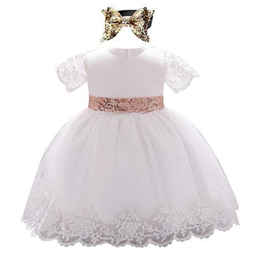 FYMNSI Baby Mädchen Erstes Geburtstagskleid Taufkleid Kurzarm Spitzenkleid Pailletten Schliefe Tüll Abendkleid Festliches Festkleid Hochzeit Brautjungfer Kommunionskleid mit Stirnband Set Weiß 18-24M von FYMNSI