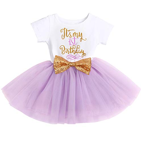 FYMNSI Baby Mädchen Es ist Mein 1. Geburtstag Party Kleid Kurzarm Tütü Tüllkleid A-Linie Prinzessin Geburtstagskleid mit Pailletten Schleife Fotoshooting Outfit Kostüm Violett 1. Geburtstag 1 Jahr von FYMNSI