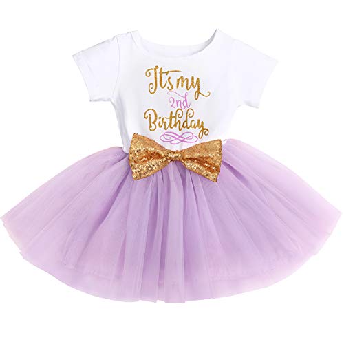 FYMNSI Baby Mädchen Es ist Mein 2. Geburtstag Party Kleid Kurzarm Tütü Tüllkleid A-Linie Prinzessin Geburtstagskleid mit Pailletten Schleife Fotoshooting Outfit Kostüm Violett 2. Geburtstag 2 Jahre von FYMNSI