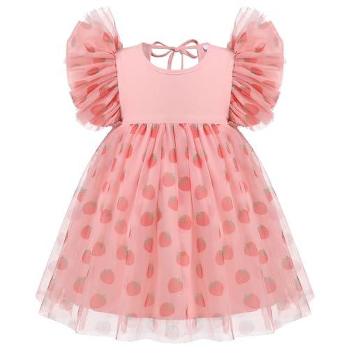 FYMNSI Baby Mädchen Geburtstag Partykleid Erdbeere Rüschen Arm Prinzessin Tüllkleid Blumenmädchen Festlich Festkleid Kleinkinder Kinder Hochzeit Abendkleid Ballkleid Sommerkleid Rosa 2-3 Jahre von FYMNSI