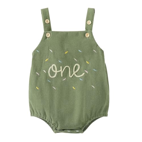 FYMNSI Baby Mädchen Jungen 1. Erster Geburtstag Outfit Cord Bubble Strampler Knopf Träger Body Lätzchen Overall Jumpsuit Playsuit Ein Jahr alt Party Fotoshooting Freizeitkleidung Armeegrün 12-18M von FYMNSI