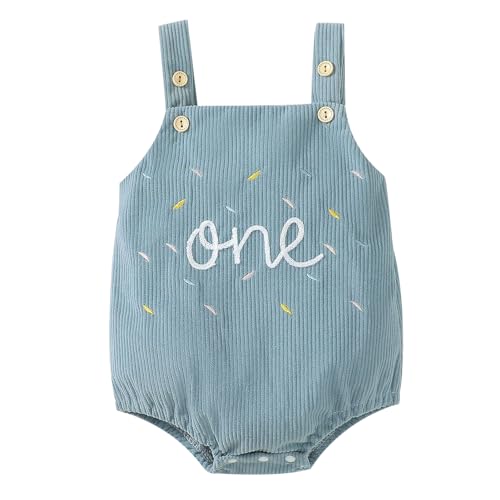 FYMNSI Baby Mädchen Jungen 1. Erster Geburtstag Outfit Cord Bubble Strampler Knopf Träger Body Lätzchen Overall Jumpsuit Playsuit Ein Jahr alt Party Fotoshooting Freizeitkleidung Hellblau 12-18M von FYMNSI
