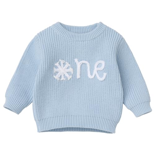 FYMNSI Baby Mädchen Jungen Strickpullover Grobstrick 1. Erster Geburtstag Outfit Langarm Stickerei Pullover Sweatshirt Strickjacken Kleinkinder Warme Herbst Winterkleidung Blau Schneeflocke 1 Jahr von FYMNSI