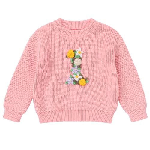 FYMNSI Baby Mädchen Jungen Strickpullover Grobstrick 1. Erster Geburtstag Outfit Langarm Stickerei Pullover Sweatshirt Strickjacken Kleinkinder Warme Herbst Winterkleidung Rosa Geblümt 1 Jahr von FYMNSI