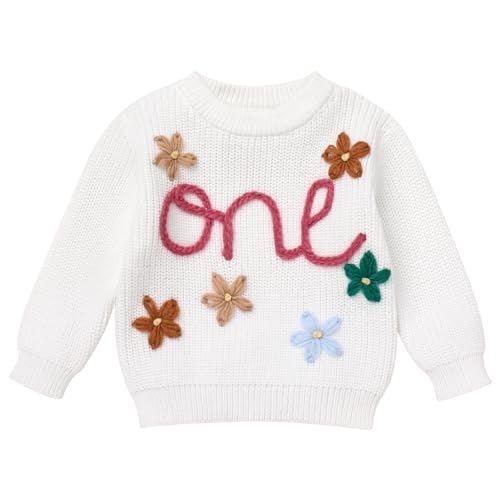 FYMNSI Baby Mädchen Jungen Strickpullover Grobstrick 1. Erster Geburtstag Outfit Langarm Stickerei Pullover Sweatshirt Strickjacken Kleinkinder Warme Herbst Winterkleidung Weiß Blumen 1 Jahr von FYMNSI