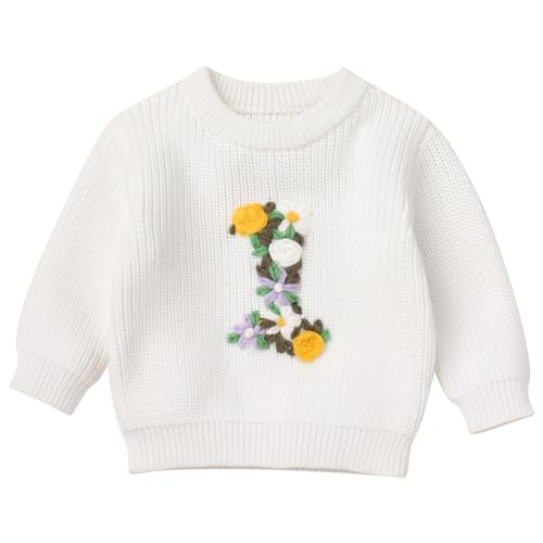 FYMNSI Baby Mädchen Jungen Strickpullover Grobstrick 1. Erster Geburtstag Outfit Langarm Stickerei Pullover Sweatshirt Strickjacken Kleinkinder Warme Herbst Winterkleidung Weiß Geblümt 1 Jahr von FYMNSI