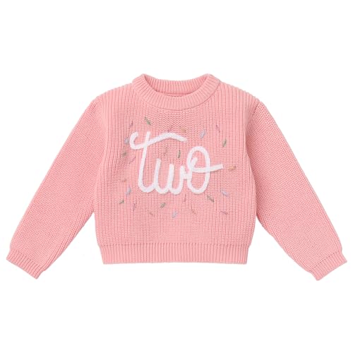 FYMNSI Baby Mädchen Jungen Strickpullover Grobstrick 2. Geburtstag Outfit Langarm Stickerei Pullover Sweatshirt Strickjacken Kleinkinder Warme Herbst Winterkleidung Rosa Two 2 Jahre von FYMNSI