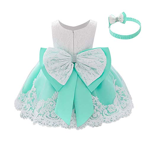 FYMNSI Baby Mädchen Kleid Geburtstag Partykleid Taufkleid Kleinkinder Bowknot Blumen Spitze Tüllkleid Tütü Prinzessin Hochzeit Brautjungfer Festkleid mit Stirnband Babybekleidung Hellgrün 3-6M von FYMNSI