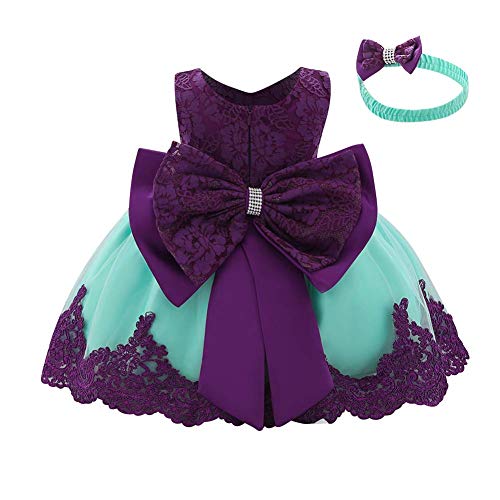 FYMNSI Baby Mädchen Kleid Geburtstag Partykleid Taufkleid Kleinkinder Bowknot Blumen Spitze Tüllkleid Tütü Prinzessin Hochzeit Brautjungfer Festkleid mit Stirnband Babybekleidung Lila + Grün 12-18M von FYMNSI