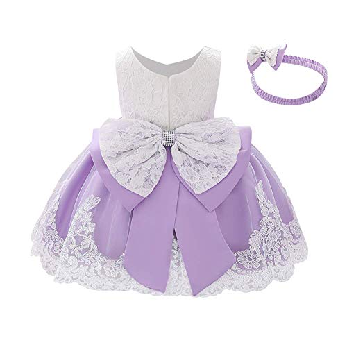 FYMNSI Baby Mädchen Kleid Geburtstag Partykleid Taufkleid Kleinkinder Bowknot Blumen Spitze Tüllkleid Tütü Prinzessin Hochzeit Brautjungfer Festkleid mit Stirnband Babybekleidung Violett 12-18M von FYMNSI