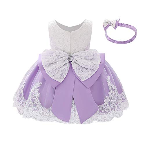 FYMNSI Baby Mädchen Kleid Geburtstag Partykleid Taufkleid Kleinkinder Bowknot Blumen Spitze Tüllkleid Tütü Prinzessin Hochzeit Brautjungfer Festkleid mit Stirnband Babybekleidung Violett 3-6M von FYMNSI