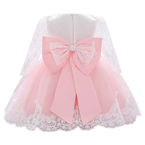 FYMNSI Baby Mädchen Kleid Kinder Blumenmädchen Hochzeit Brautjungfer Geburtstag Partykleider Langarm Taufkleid Spitzenkleid Bowknot Tütü Prinzessin Festkleid Weihnachtskleid Rosa 12-18 Monate von FYMNSI