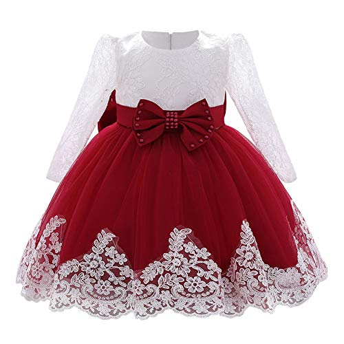 FYMNSI Baby Mädchen Kleid Kinder Blumenmädchen Hochzeit Brautjungfer Geburtstag Partykleider Langarm Taufkleid Spitzenkleid Bowknot Tütü Prinzessin Festkleid Weihnachtskleid Weinrot 18-24 Monate von FYMNSI