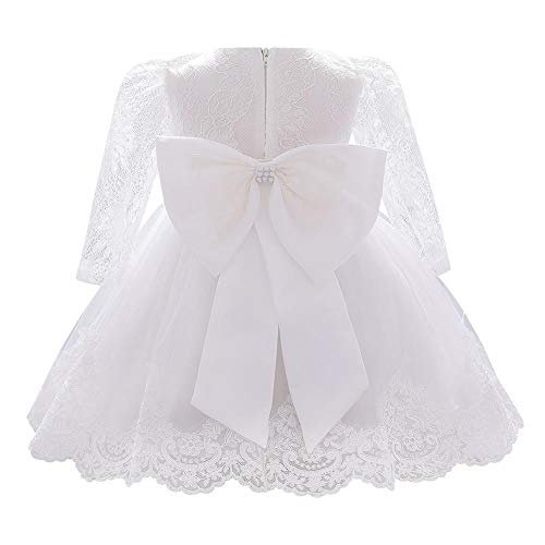 FYMNSI Baby Mädchen Kleid Kinder Blumenmädchen Hochzeit Brautjungfer Geburtstag Partykleider Langarm Taufkleid Spitzenkleid Bowknot Tütü Prinzessin Festkleid Weihnachtskleid Weiß 12-18 Monate von FYMNSI