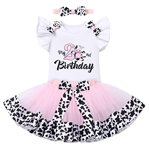 FYMNSI Baby Mädchen Kuh Zweiter 2. Geburtstag Outfit Party Zwei Jahre Alt Bauernhof Tier Themen Party Fotoshooting Baumwolle Kurzarm Strampler Prinzessin Tutu Rock Stirnband 3er Bekleidungsset Rosa von FYMNSI