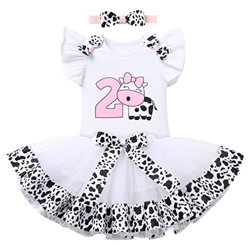 FYMNSI Baby Mädchen Kuh Zweiter 2. Geburtstag Outfit Party Zwei Jahre Alt Bauernhof Tier Themen Party Fotoshooting Baumwolle Kurzarm Strampler Prinzessin Tutu Rock Stirnband 3er Bekleidungsset Weiß von FYMNSI