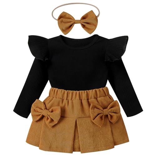 FYMNSI Baby Mädchen Langarm Top und Rock Set Baumwolle Shirt Kurzes Kord Rock Minirock mit Schleife Stirnband Kleinkinder Herbst Winter Casual Kleidung 1. Erster Geburtstag Outfit Kaffee 3-6 Monate von FYMNSI