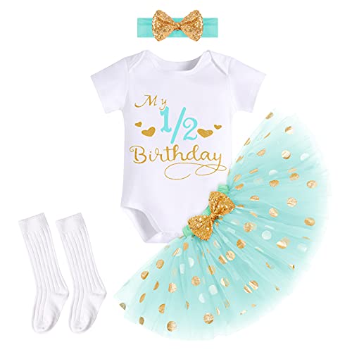 FYMNSI Baby Mädchen Mein 1/2. Halber Geburtstag Party Outfit Baumwolle Kurzarm Strampler Body Prinzessin Tupfen Tütü Rock Schleife Stirnband Socken 4tlg Bekleidungsset Grün - 1/2. Geburtstag 6 Monate von FYMNSI