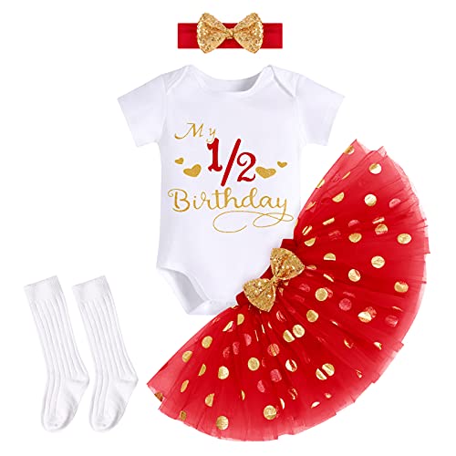 FYMNSI Baby Mädchen Mein 1/2. Halber Geburtstag Party Outfit Baumwolle Kurzarm Strampler Body Prinzessin Tupfen Tütü Rock Schleife Stirnband Socken 4tlg Bekleidungsset Rot - 1/2. Geburtstag 6 Monate von FYMNSI