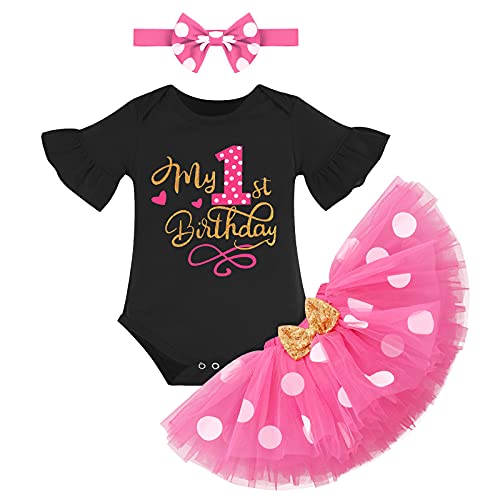 FYMNSI Baby Mädchen Mein 1. Erster Geburtstag Outfit Maus Kostüm Gepunktet Tütü Rock Baumwolle Kurzarm Body Strampler mit Ohr Stirnband 3tlg Bekleidungsset Fotoshooting Kostüm Rose + Schwarz 1 Jahr von FYMNSI