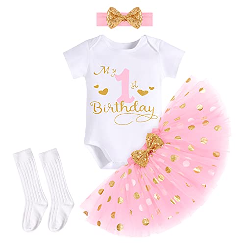 FYMNSI Baby Mädchen Mein 1. Erster Geburtstag Party Outfit Baumwolle Kurzarm Body Strampler Prinzessin Gepunktet Tütü Rock Pailletten Schleife Stirnband Socken 4tlg Bekleidungsset Rosa 1 Jahr von FYMNSI