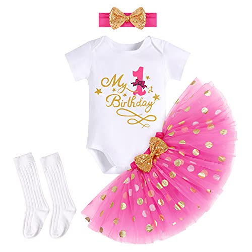 FYMNSI Baby Mädchen Mein 1. Erster Geburtstag Party Outfit Baumwolle Kurzarm Body Strampler Prinzessin Gepunktet Tütü Rock Stirnband Socken 4tlg Bekleidungsset Fotoshooting Kostüm Rose 1 Jahr von FYMNSI