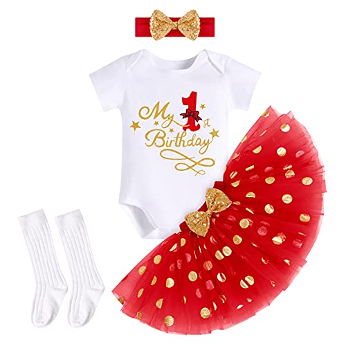 FYMNSI Baby Mädchen Mein 1. Erster Geburtstag Party Outfit Baumwolle Kurzarm Body Strampler Prinzessin Gepunktet Tütü Rock Stirnband Socken 4tlg Bekleidungsset Fotoshooting Kostüm Rot 1 Jahr von FYMNSI