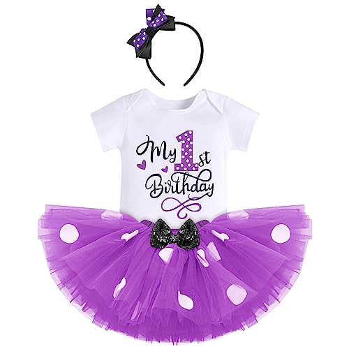 FYMNSI Baby Mädchen Mein 1. Geburtstag Outfit Erstes Halloween Partykleid Maus Gepunktet Tütü Rock Baumwolle Kurzarm Body Strampler mit Ohr Stirnband 3tlg Bekleidungsset Lila - 1. Geburtstag 1 Jahr von FYMNSI