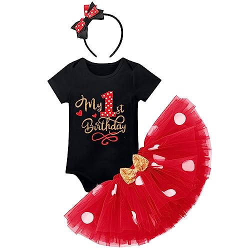 Baby Mädchen Mein 1. Geburtstag Outfit Baumwolle Kurzarm Body Strampler Prinzessin Gepunktet Tütü Tüll Rock Stirnband 3tlg 1 Jahr Alt Party Bekleidungsset Party Kostüm Schwarz 1. Geburtstag 1 Jahr von FYMNSI