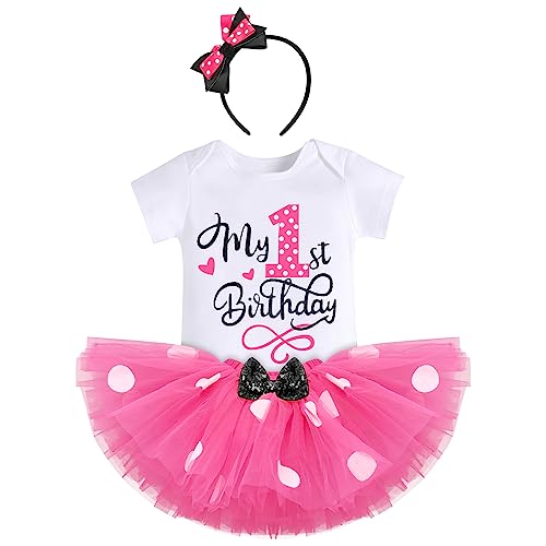 FYMNSI Baby Mädchen Mein 1. Geburtstag Outfit Maus Kostüm Gepunktet Tütü Rock Baumwolle Kurzarm Body Strampler mit Ohr Stirnband 3tlg Sommer Bekleidungsset Rose - 1. Geburtstag 1 Jahr von FYMNSI