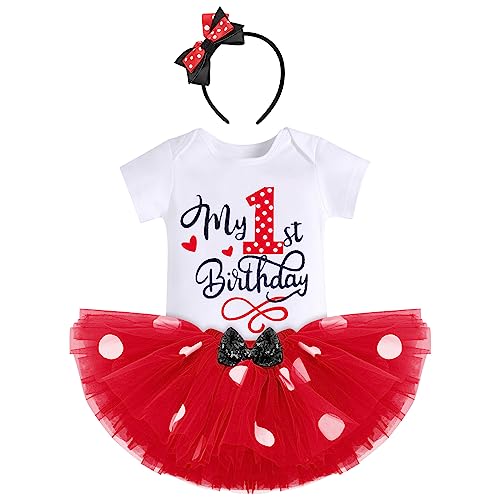 FYMNSI Baby Mädchen Mein 1. Geburtstag Outfit Maus Kostüm Gepunktet Tütü Rock Baumwolle Kurzarm Body Strampler mit Ohr Stirnband 3tlg Sommer Bekleidungsset Rot - 1. Geburtstag 1 Jahr von FYMNSI