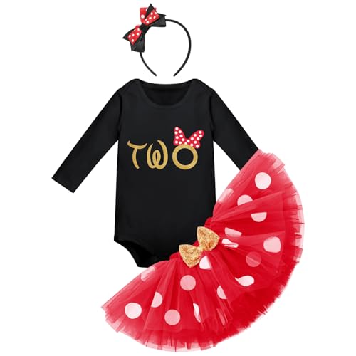 FYMNSI Baby Mädchen Mein 2. Geburtstag Party Outfit Maus Kostüm Baumwolle Langarm Body Strampler Prinzessin Gepunktet Tütü Tüll Rock Stirnband Herbst Winter Bekleidungsset Schwarz - Two 2 Jahre von FYMNSI