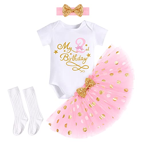 FYMNSI Baby Mädchen Mein 2. Zweiter Geburtstag Party Outfit Baumwolle Kurzarm Body Strampler Prinzessin Gepunktet Tütü Rock Stirnband Socken 4tlg Bekleidungsset Fotoshooting Kostüm Rosa 2 Jahre von FYMNSI